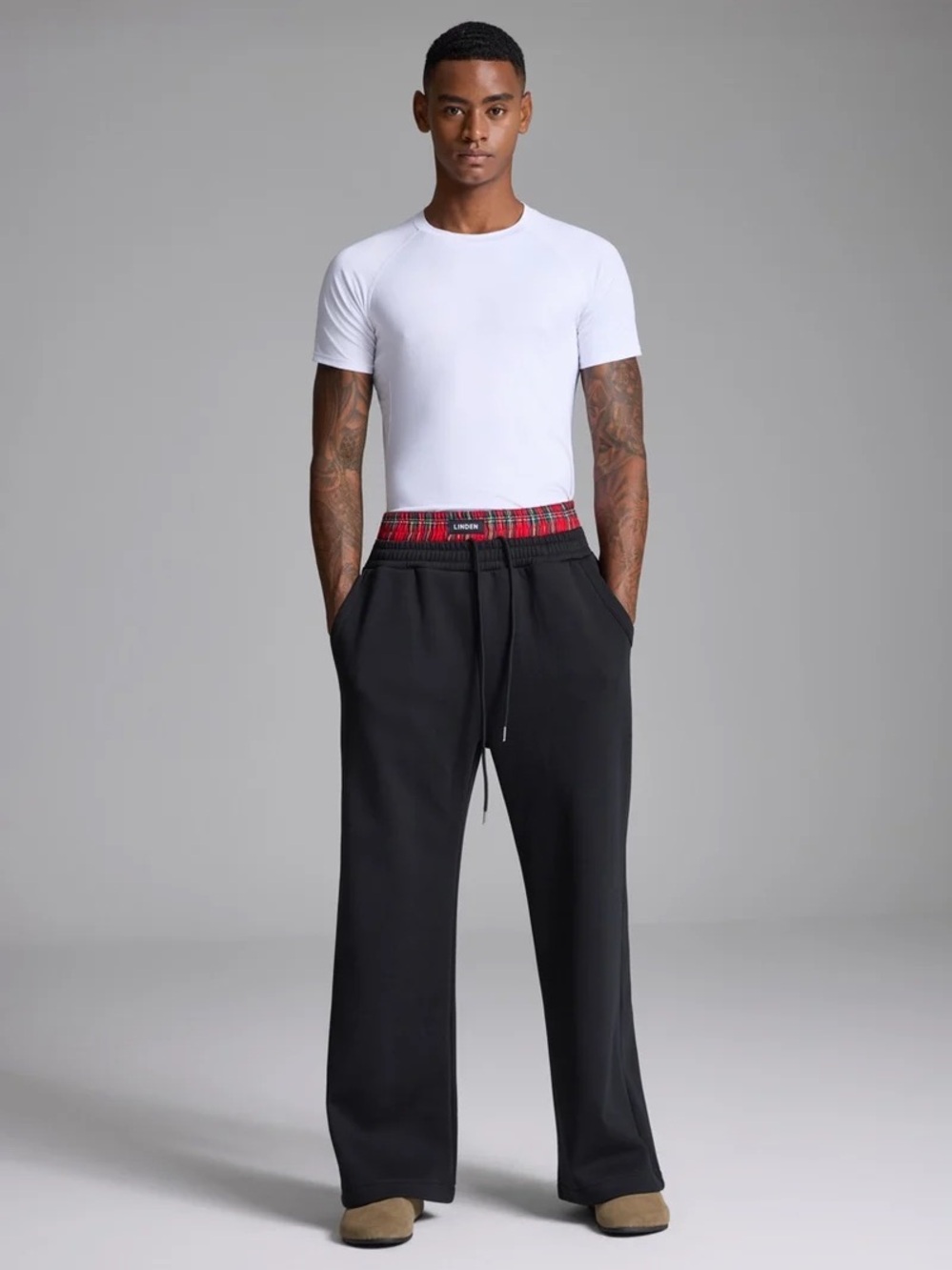 Linden Black Wide-Leg Sweatpants with Red Plaid Waistband
